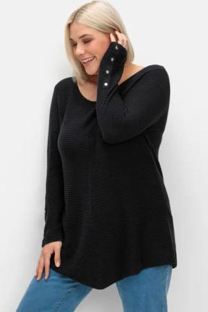Sheego Gerippter Pullover mit spitz zulaufendem Saum, schwarz, Gr.40