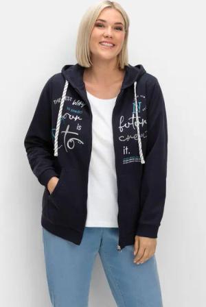 Sheego Kapuzensweatjacke mit Print und Kängurutasche, marine, Gr.40