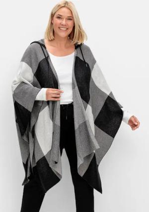 Sheego Kariertes Poncho-Cape mit Kapuze, offene Form, schwarz-weiß, Gr.1