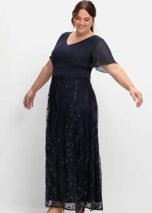 Sheego Abendkleid mit Stickerei und Pailletten am Rock, tiefblau, Gr.42