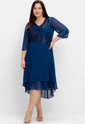 Sheego Abendkleid in Wickeloptik, mit Pailletten, blau, Gr.44
