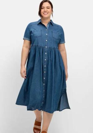 Sheego Jeanskleid mit Blusenkragen und Teilungsnaht, blue Denim, Gr.48