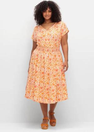 Sheego Midikleid mit Smokbund und weitem Rock, apricot gemustert, Gr.44
