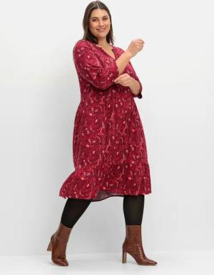 Sheego Hängerkleid in leichter A-Linie, mit 3/4-Ärmeln, dunkelrot gemustert, Gr.46