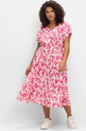 Sheego Kleid mit Blumenprint und Smokbund, magenta gemustert, Gr.46