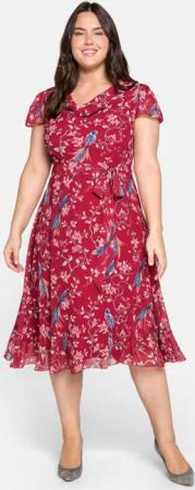 Sheego Chiffonkleid mit Blumenprint und Wasserfallkragen, karminrot bedruckt, Gr.54
