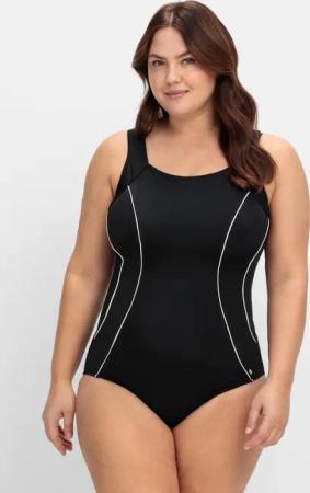 Sheego Badeanzug mit Kontrastpaspeln und Shaping-Effekt, schwarz-weiß, Gr.42E