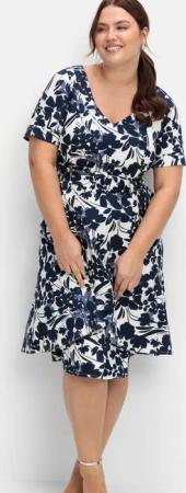 Sheego Cocktailkleid mit Blumenprint und Stoffgürtel, marine gemustert, Gr.48