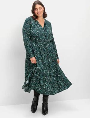 Sheego Midikleid mit Tunnelzug in der Taille, tiefgrün gemustert, Gr.50