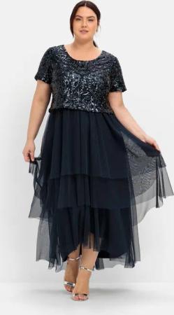 Sheego Abendkleid mit lose fallendem Paillettenoberteil, nachtblau, Gr.44