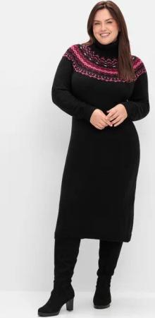 Sheego Strickkleid mit Rollkragen und Norwegermuster, schwarz, Gr.42