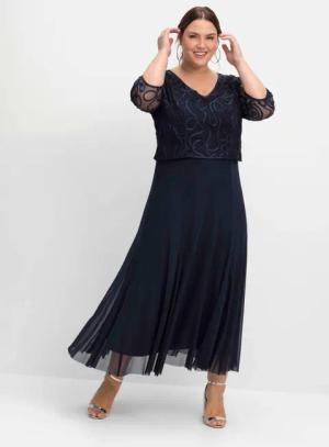 Sheego Abendkleid aus Mesh, mit Zierborten, tiefblau, Gr.50