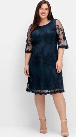 Sheego Cocktailkleid aus Mesh, mit floraler Stickerei, nachtblau, Gr.40