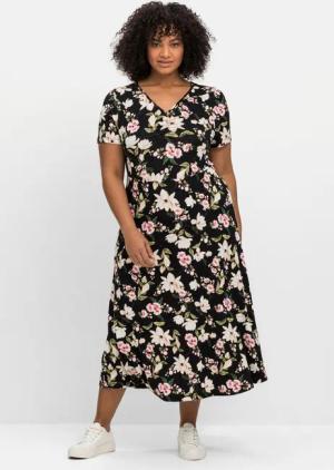 Sheego Jerseykleid in Midilänge, mit Blumendruck, schwarz gemustert, Gr.46