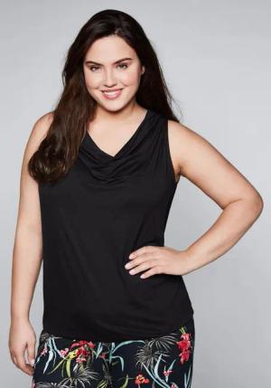 Sheego Top mit Wasserfallkragen und Gummibund, schwarz, Gr.42