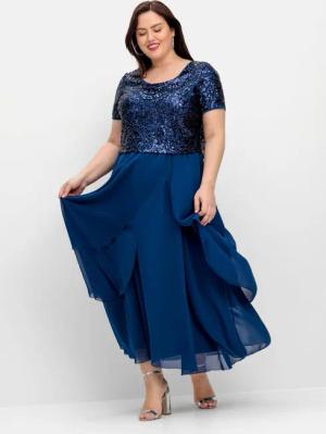 Sheego Abendkleid mit Paillettenoberteil und Lagen-Rock, blau, Gr.44