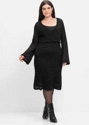 Sheego Strickkleid im Ajourmuster und in Wickeloptik, schwarz, Gr.50