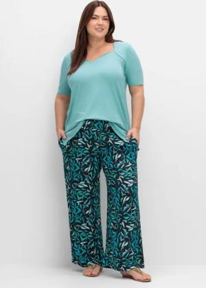 Sheego Weite Schlupfhose mit Smokbund und Blätterprint, tiefblau bedruckt, Gr.52
