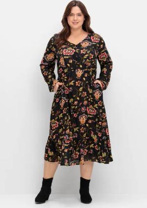Midikleid mit Blumendruck und Volant am Saum, schwarz gemustert, Gr.42