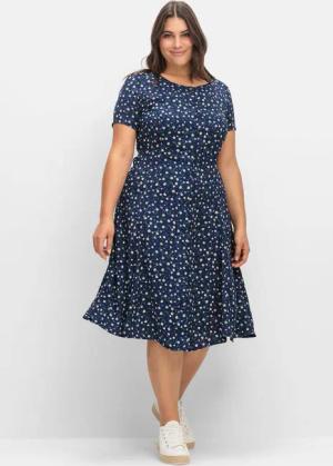 Sheego Kleid aus Crêpe, mit Bindeband im Rücken, marine gemustert, Gr.42