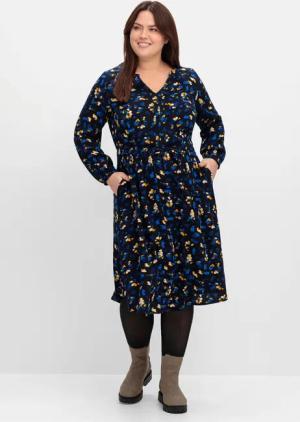 Sheego Kleid mit Blumendruck, aus Viskose-Twill, tiefblau gemustert, Gr.56