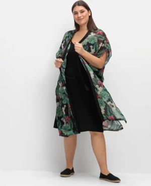 Sheego Strandset aus Jerseykleid und offenem Kaftan, schwarz gemustert, Gr.50