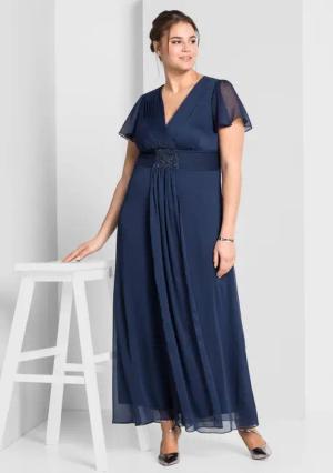 Sheego Abendkleid mit Schmuckbrosche, in A-Linie, marine, Gr.54