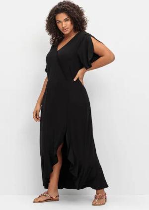Sheego Langes Jerseykleid in Wickeloptik, mit Volantrock, schwarz, Gr.58