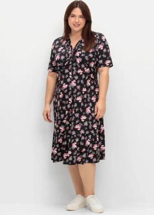 Sheego Jerseykleid mit geknotetem Ausschnitt, schwarz gemustert, Gr.40