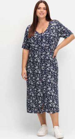 Sheego Midikleid mit Blümchenmuster und Knopfleiste, marine gemustert, Gr.42