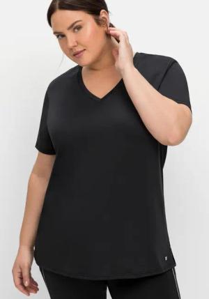 Sheego Funktionsshirt mit V-Ausschnitt, schwarz, Gr.52/54