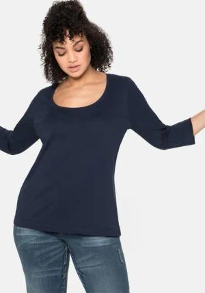 Sheego Shirt mit 3/4-Arm und weitem Rundhalsausschnitt, marine, Gr.44/46