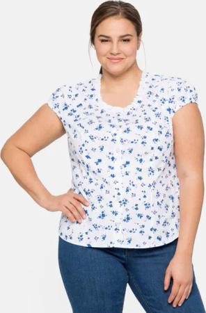 Sheego Trachtenbluse mit schmaler Rüsche und Puffärmeln, weiß bedruckt, Gr.42