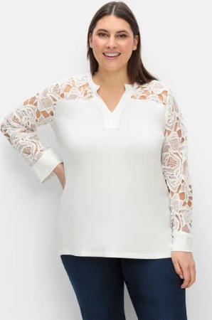 Sheego Langarmshirt mit transparenter Spitze, weiß, Gr.50