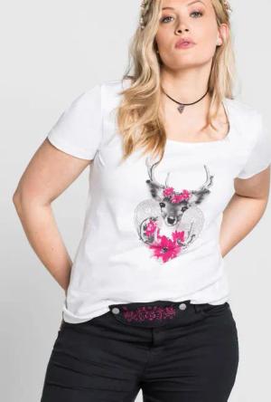 Sheego Trachtenshirt mit Hirsch-Druck und Kurzarm, weiß, Gr.44/46