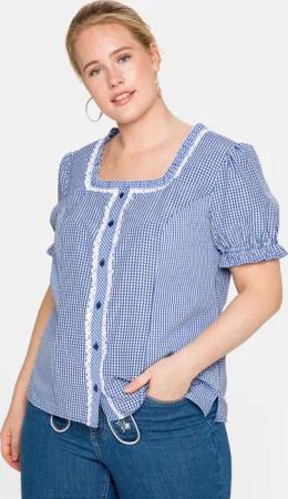 Sheego Trachtenbluse im Karo-Design, mit Spitzenbesatz, marine-weiß, Gr.40