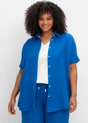 Sheego Kurzärmlige Hemdbluse aus Musselin, kobalt, Gr.46