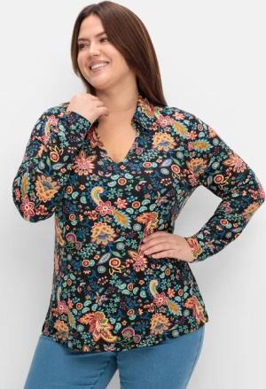 Sheego Langarmshirt mit Paisleyprint und Polokragen, schwarz gemustert, Gr.44/46