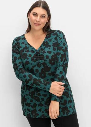 Sheego Langarmshirt mit Blumendruck und V-Ausschnitt, tiefgrün gemustert, Gr.44