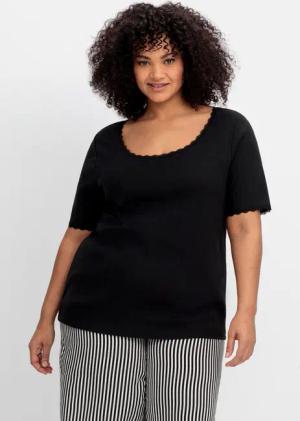 Sheego Rippshirt im Ajourmuster, mit Spitzendetails, schwarz, Gr.48/50