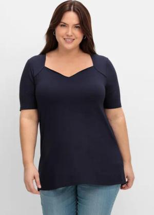 Sheego T-Shirt mit herzförmigem Ausschnitt, tiefblau, Gr.52/54