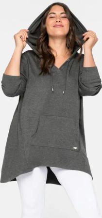 Sheego Longshirt mit Kängurutasche, im Vokuhila-Schnitt, grau meliert, Gr.56/58