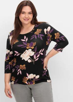 Sheego 3/4-Arm-Shirt mit Blumenprint, aus Viskosejersey, dunkellila gemustert, Gr.44