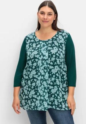 Sheego 2-in-1-Blusenshirt mit bedrucktem Chiffon, tiefgrün gemustert, Gr.50