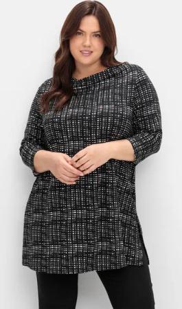 Sheego Longshirt mit Print und Wasserfall-Ausschnitt, schwarz-weiß, Gr.40/42