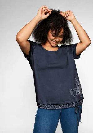 Sheego Shirt in 2-in-1-Optik mit Print und Tunnelzug, marine, Gr.56/58