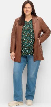 Sheego Lange Lederjacke aus Lammnappa, mit Reverskragen, cognac, Gr.42