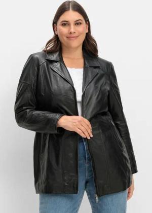 Sheego Lange Lederjacke aus Lammnappa, mit Reverskragen, schwarz, Gr.44