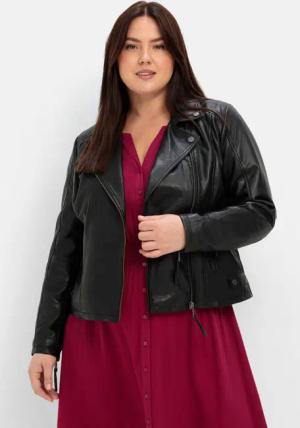 Sheego Kurze Lederjacke aus Lammnappa, im Biker-Stil, schwarz, Gr.52
