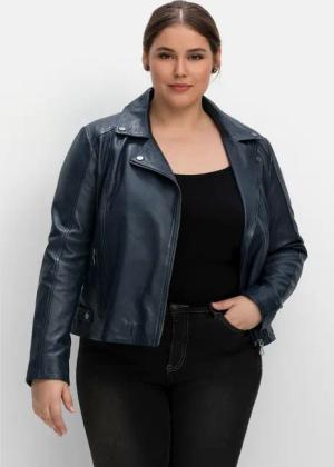 Sheego Kurze Lederjacke aus Lammnappa, im Biker-Stil, nachtblau, Gr.44